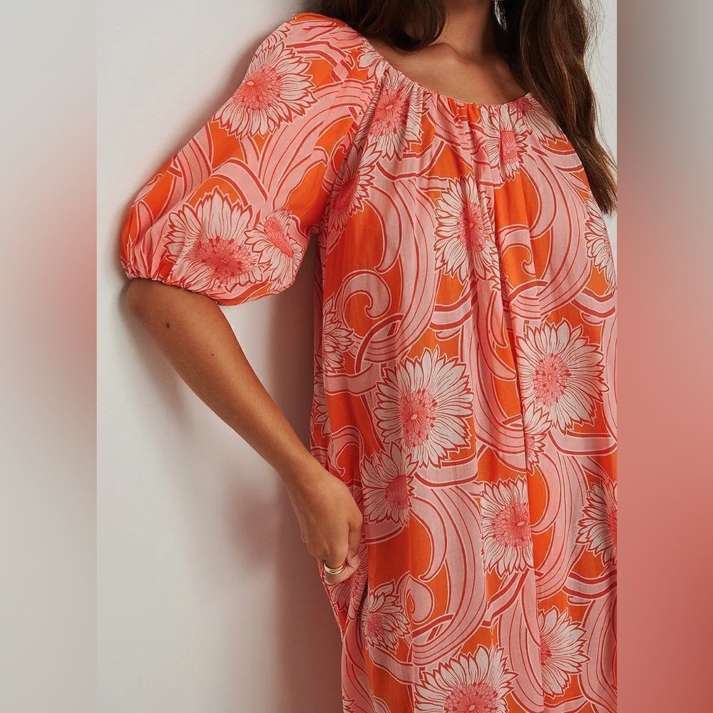Mango Printed Cotton Dress Flowy Voluminous Maxi Puff Sleeves - Picture 6 of 6
